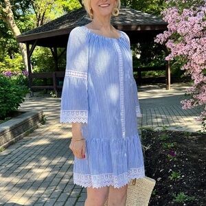 Karen Kane Blue and White Striped Tunic Dress with Lace Trim - 100% Cotton